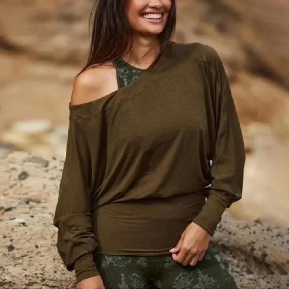 Free People Movement- OLIVE Green Sky High Long sleeve Top with back zipper
